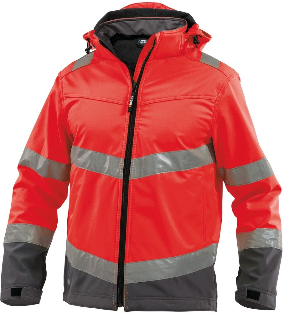 DassyArbeitsjackeWarnschutzSoftshell-JackeMalagaPES74NeonrotZementgrau-4XL
