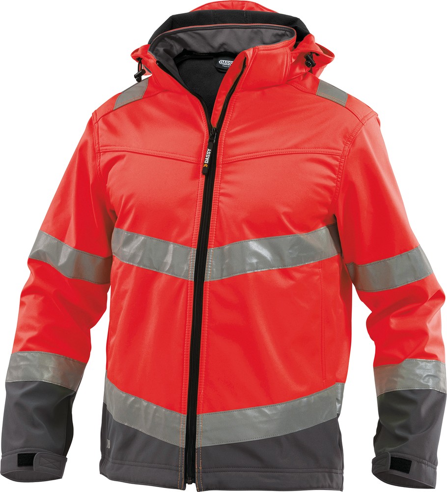DassyWarnschutzSoftshell-JackeMalagaPES74NeonrotZementgrau