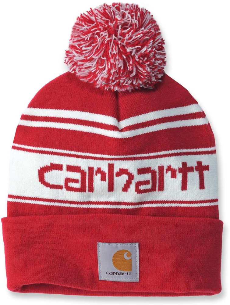 CarharttMtzeKnitCuffedLogoBeanieRedWinterWhiteMarl