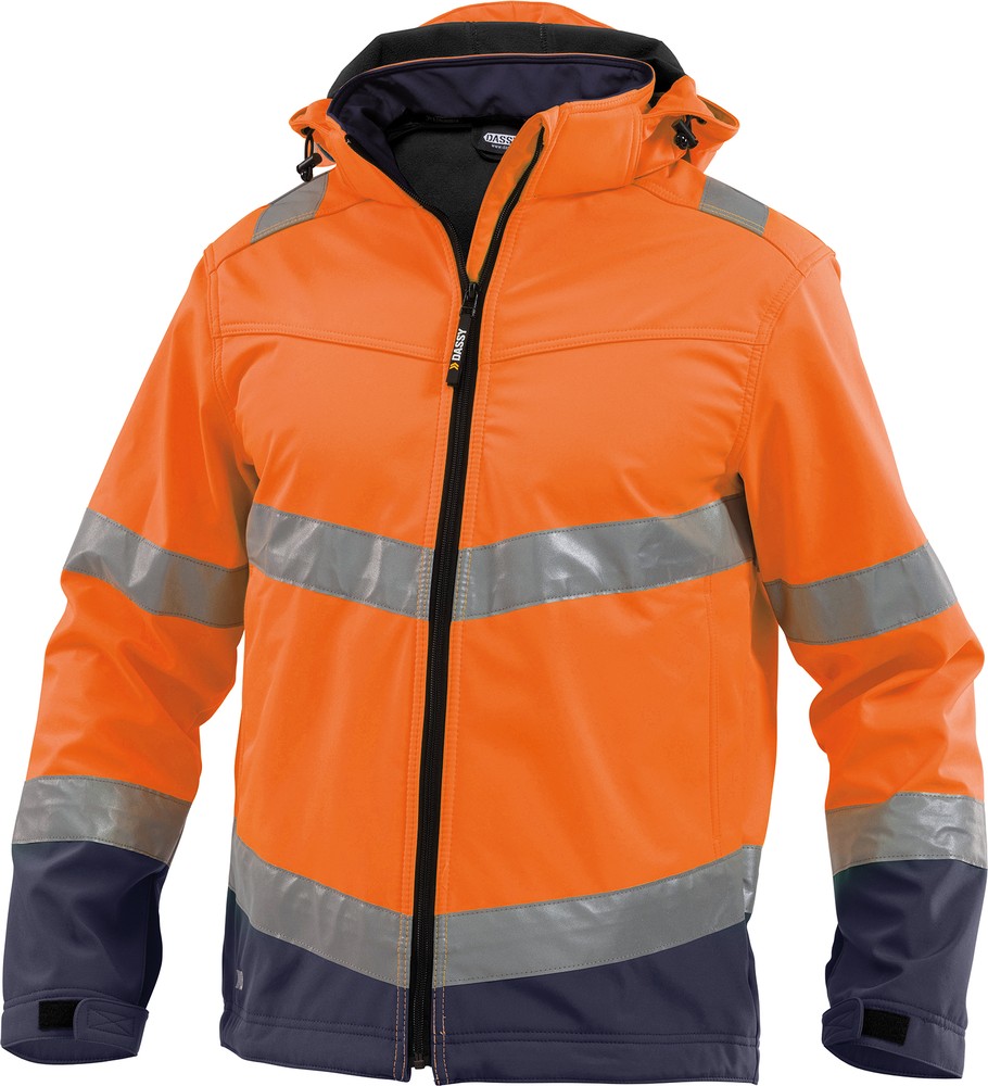 DassyWarnschutzSoftshell-JackeMalagaPES74NeonorangeDunkelblau